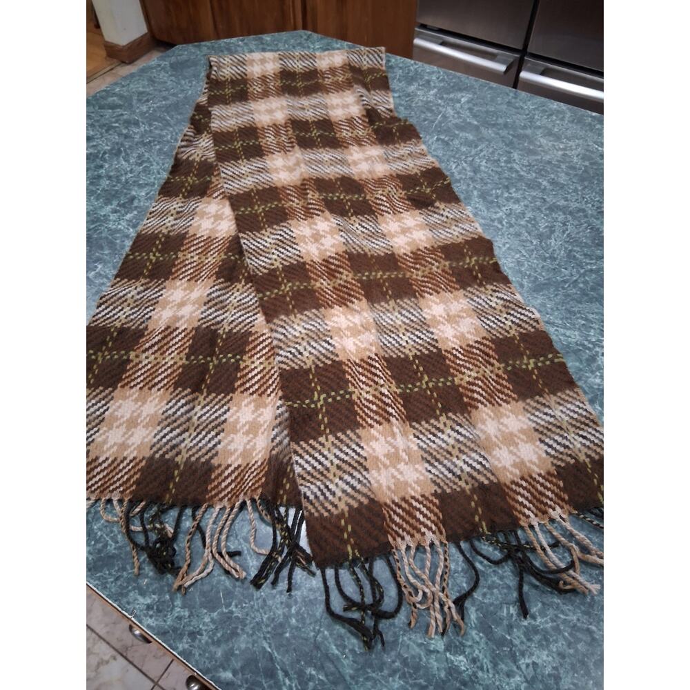 Softer Than Cashmere Plaid Scarf Tan Brown Lime Fringe Soft Winter Tartan 64x12